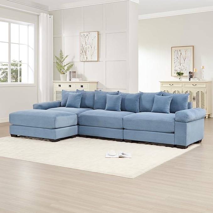 KEIKI 130" L-Shaped Oversized Corduroy Modular Cloud Sectional Sofa with 1 Ottoman, High-Density Foam Cushion, Extra-Thick Armrest, 3-Seater Fluffy Corner Couch with 9 Pillow, for Living Room, Blue