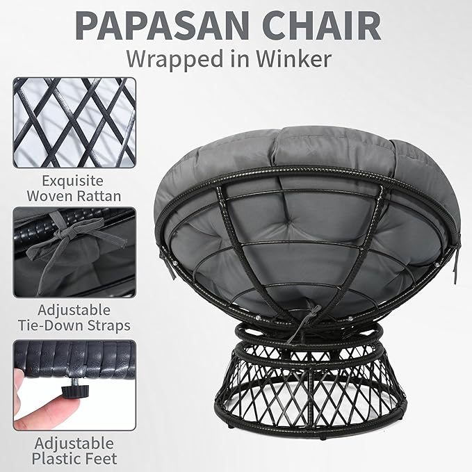 Kromax 40" Ergonomic Wicker Papasan Chair, 360° Swivel Round Egg Chair with Soft Thick Cushion, Indoor Outdoor Use for Living Room, Bedroom, Reading Room, Black Frame with Dark Grey Cushion