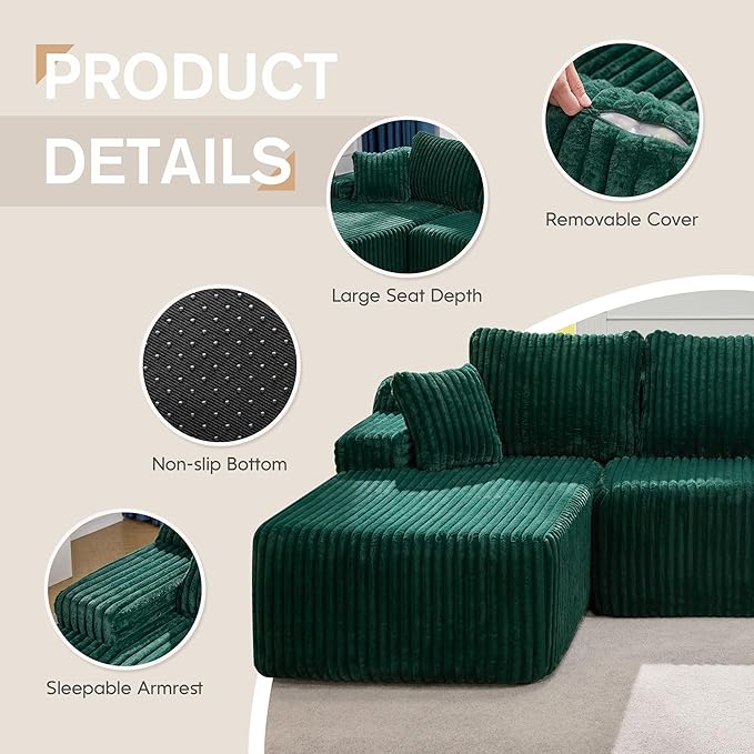 Modular Sectional Sofa Couches L-Shape Couch 3 Seat Modular Sofa Memory Foam Sectional Couches for Living Room, Cloud Couch with Oversized Chaise (Green Stripe, 108" Left Facing Chaise)