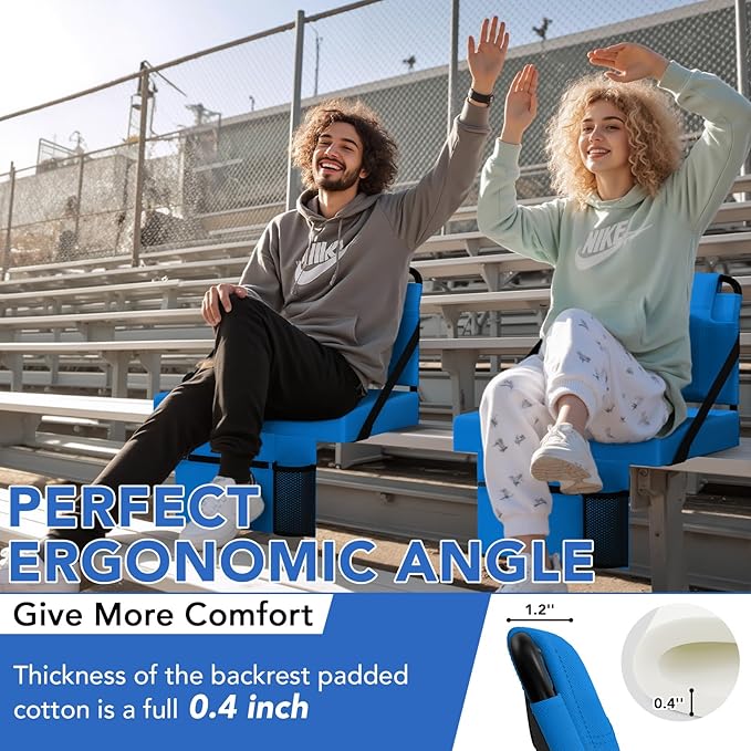 Stadium Seat 2 Pack for Bleachers with Back Support,Portable Bleacher Chairs with Back and Cushion，Blue