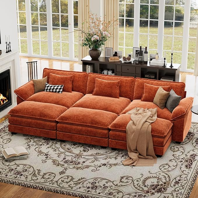 CDCASA 120" Oversized Modular Sectional Sofa Bed, Comfy Cloud Couch w/ 3 Movable Ottomans, 6-Seater Chenille Deep Seat Sofa Bed Modern Sofa Couch for Living Room, DIY Combination, Terracotta Orange