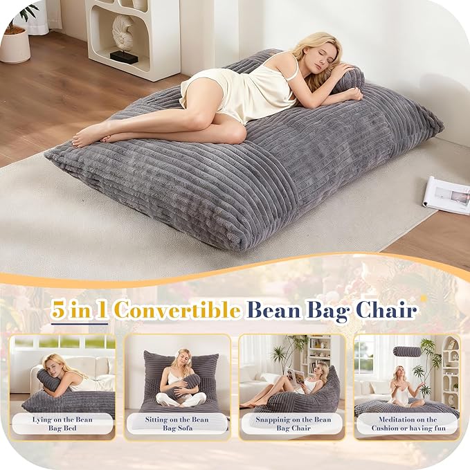 5 in 1 Bean Bag Chair with A Roll Pillow,Giant Bean Bag Chairs for Adults,Ultra Soft & Machine Washable Cover,Convertible Sofa Bed Floor Couch Lounger for Living Room,Bedroom