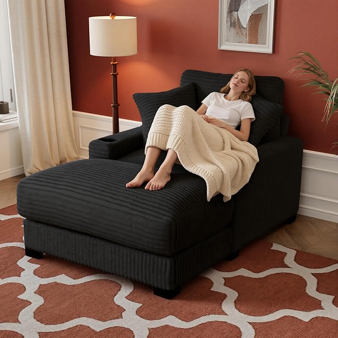 Oversized 60" Chaise Lounge Chair with Adjustable Backrest, Solid Wood Frame Corduroy Upholstery, Cup Holder USB & Type-C Port, 2 Pillows Sleeper Couch Deep Seat for Living Room, Bedroom, Black