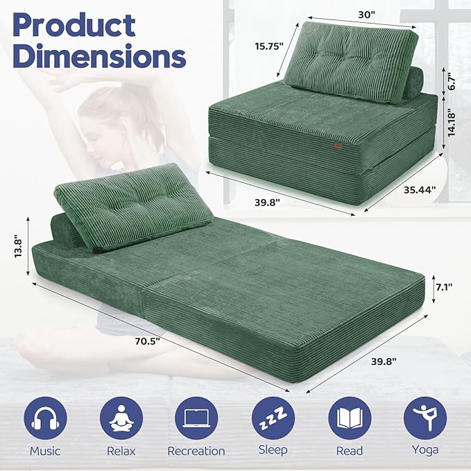 Upgraded Foldable Lazy Sofa Bed,Sofa Cama Barato Featuring a Large Backrest and Pillows,Chair Sleeper Bed for Living Room、 Bedroom 、Balcony 、Hotel、 Apartment,Twin Size,Emerald Green