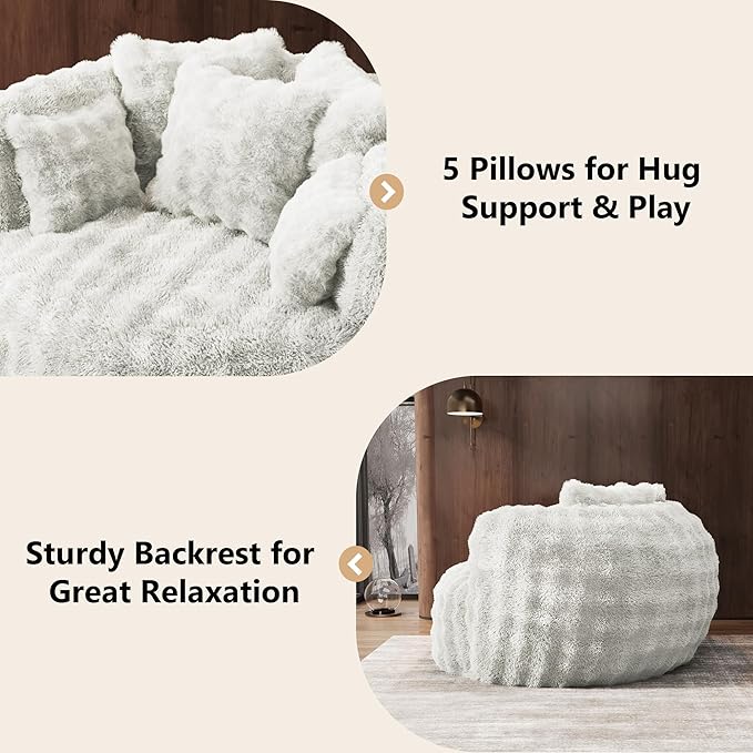 Oversized Chaise Lounge Chair Indoor with Ottoman 55" W x 75" L Round Reading Chair Plush Faux Fur Corduroy Cloud Circle Boneless Chair with 5 Pillows for Living Room - Beige White