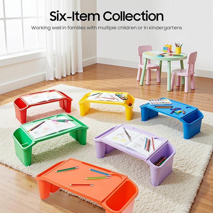 6 Pcs Kids Lap Desk Tray Set for Writing & Eating, Portable Lightweight Desks with Side Pockets for Home, School, Classroom, and Travel Use