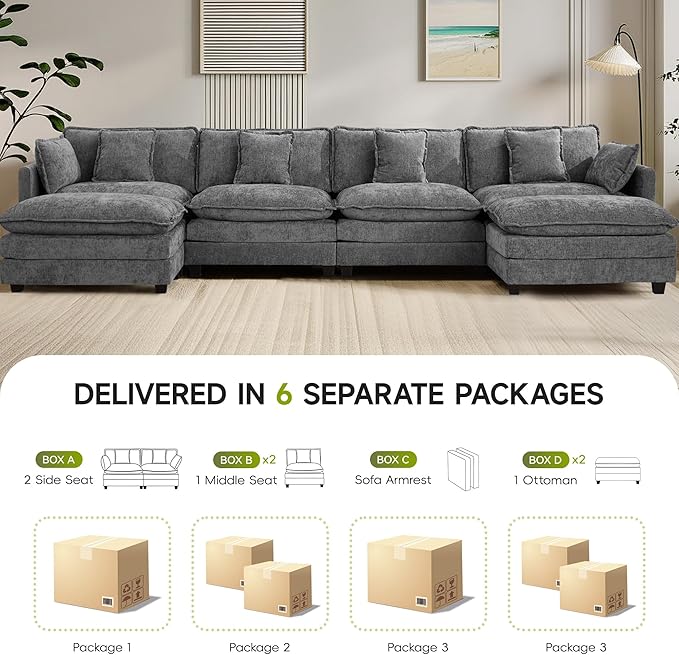UMBFUN 4-Seater Cloud Couch with 2 Ottomans, Extra-Large Modular Sectional U Shaped Sofa with Deep Seat Cushions, Chenille Couch for Living Room, Grey