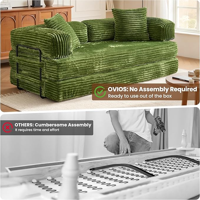 ovios 81" Folding Sofa Bed, Foldable Sleeper Boneless Couch with Pull Out Beds, Modular Convertible Floor Futon Loveseat Lounger for Living Room (Faux Fur, Green)