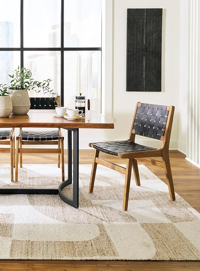 Signature Design by Ashley Fortmaine Modern Upholstered Armless Dining Chair with Open Back and Woven Leather Straps, Set of 2, Light Brown & Black