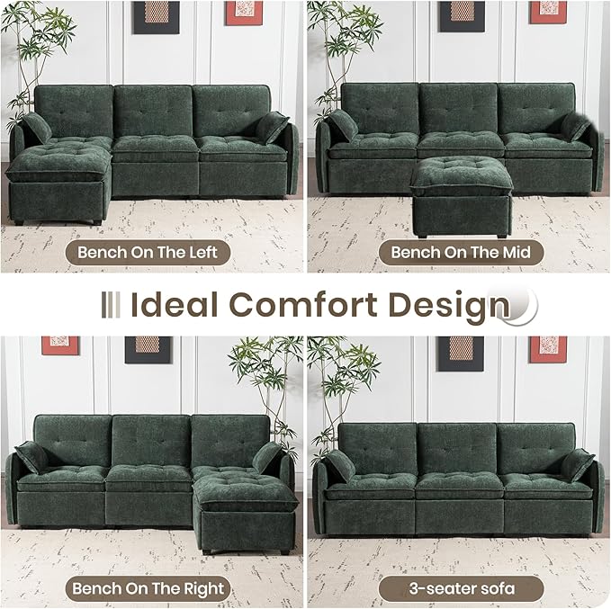 PALLOME 96" Modular L-Shaped Sofa - 3-Seat Cloud Couch with Movable Ottoman, Extra Deep Seat Sofa Couch with Throw Pillows for Living Room & Small Spaces (Green, 3-Seat + Ottoman)