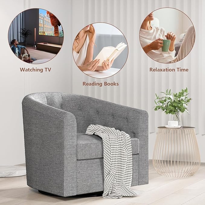Simore Swivel Accent Chair for Living Room, Comfy Fabric Round Swivel Barrel Chair for Nursery Office Bedroom, Gray
