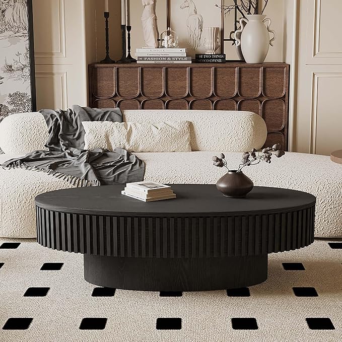 FGXJY Oval Coffee Table with Storage, Modern Black Coffee Table with Solid Wood Veneered, Fluted Center Table Wood Drum Tea Table for Living Room Apartment, 47.2''L×23.6''W×14.2''H