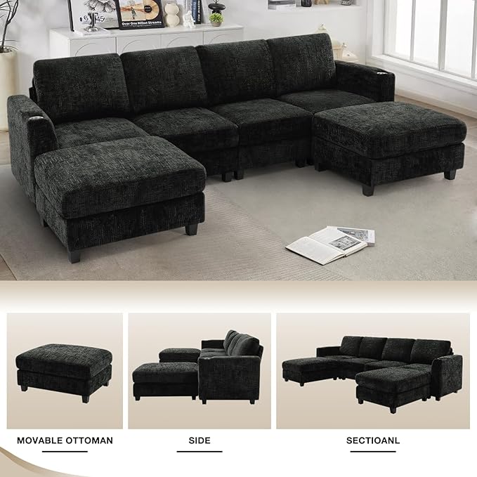 Lesofair 110" Chenille U-Shape Sofa with Flexible Ottomans, Comfy Sectional Sofa with 2 Built-in Cup Holders, Convertible 4 Seats Couch with Well-Filled Back Cushions for Living Room, House, Black