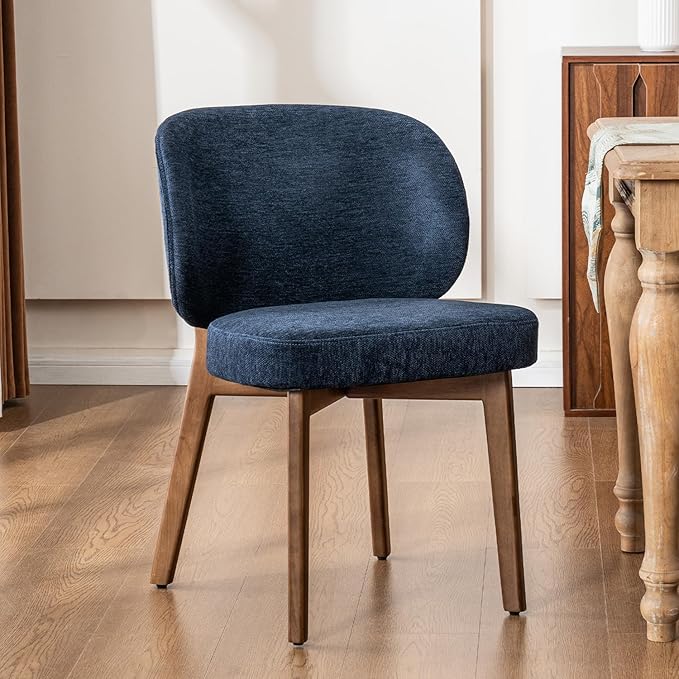 YOUNUOKE Upholstered Dining Chairs Set of 6, Modern Chenille Fabric Dining Room Chair with Wood Legs, Widen Backrest Comfy Armless Side Kitchen Chairs, Blue