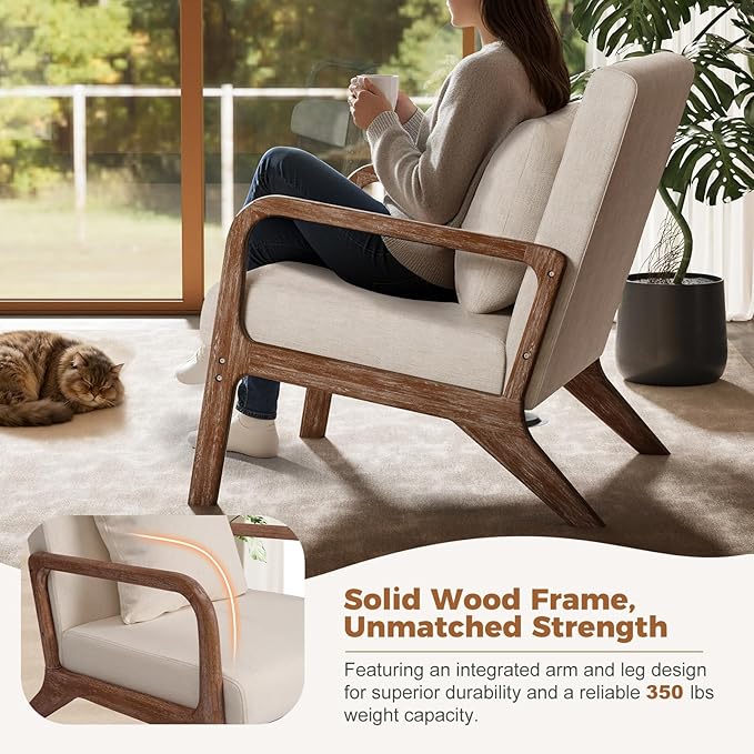 ELUCHANG Mid-Century Modern Chair,Accent Chair with Lumbar Pillow,Upholstered Armchair,Linen Fabric Comfy Reading Chair Beige, Linen, New Armrest, Set of 2