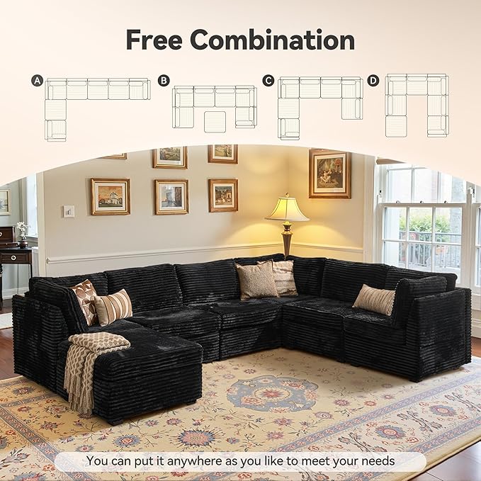 CAODOC Large 7 Seat Modular Sectional Sofa with Ottoman Seat Corduroy Sleeper Sectional Sofa Bed Oversized Convertible Modular Couch for Living Room