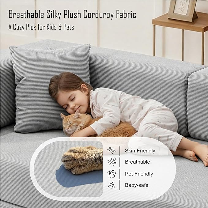 79 Inch Convertible Sofa Bed Couch in Box, 5 in 1 Folding Modular Boneless Couch with Pull Out Bed 2 Pillows, Soft Corduroy Floor Futon Lounge Loveseat Sleeper Lazy Cama No Assembly Light Grey
