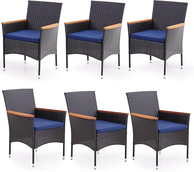PHI VILLA Outdoor Rattan Dining Chairs Set of 6, Patio Wicker Dining Arnchairs with Removable Cushions for Backyard, Bistro, Garden, Porch