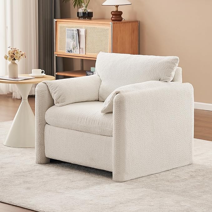 Plush Chenille Accent Chair - Modern Single Seater with High-Resilience Cushion, Compact Reading Chair for Living Room, Bedroom, Dorm Room, Ivory White