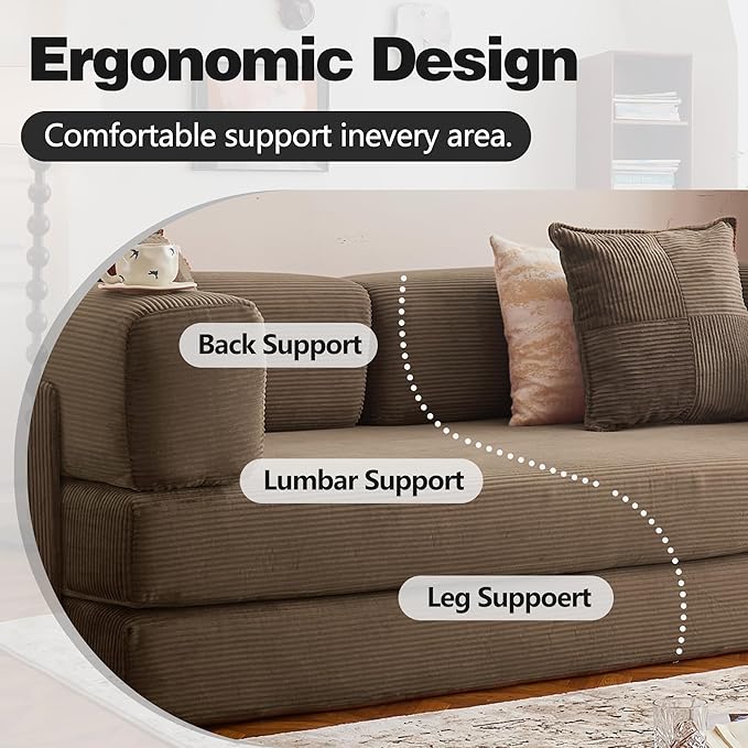 LIAROO 78.8" Convertible Sofa Bed -Compression Sofa with Corduroy Fabric - with Armrests and Backrest - Modular Sectional for Living Room, Bedroom, Studio - Compression Sofa in Box (Brown)