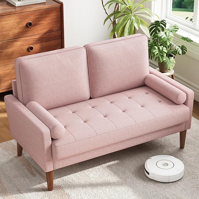 Loveseat Sofa with Solid Wood Legs, 48" Small Couches for Small Spaces, Love Seat for Living Room, Bedroom, Easy Assembly Mid Century Modern Couch with Throw Pillow for Apartment, Pink