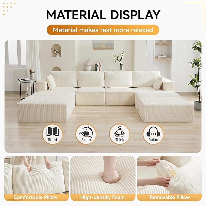 146'' Oversized Boneless Sofa Bed, 4 Seater Modular Sectional Couch with 4 Moveable Ottoman, No Asswmbly Corduroy Compression Sofas with Chaise for Home House, Beige