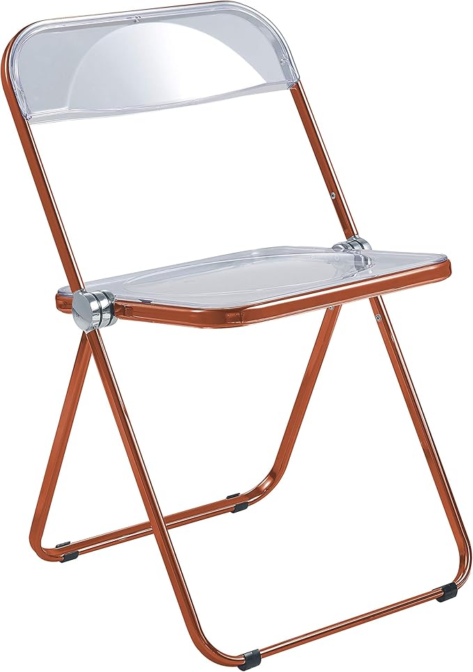 LeisureMod Lawrence Modern Transparent Acrylic Folding Chair with Metal Frame (Orange)