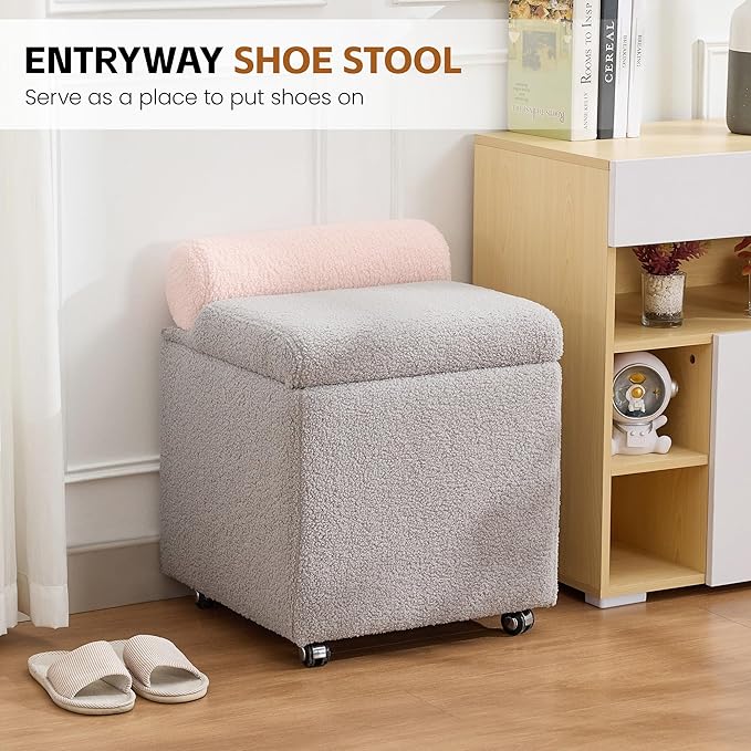 Boucle Vanity Chair with Storage, Swivel Vanity Stool with Safety Hinge, Upholstered Makeup Chair with Wheels, Square Ottoman Stool for Living Room, Dressing, Bedroom, Grey