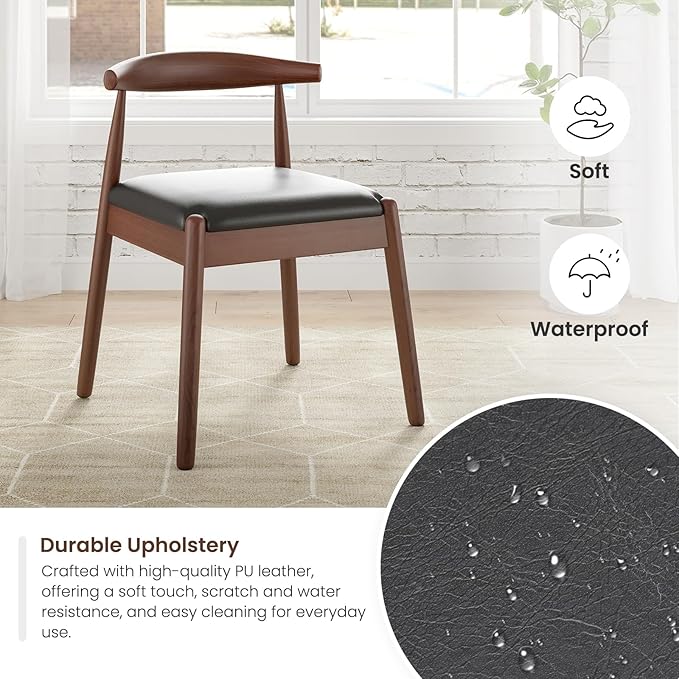 Farini Mid Century Modern Dining Chairs Set of 4, Solid Wood Frame Kitchen Chairs with PU Leather Upholstered Seat for Dining Room & Breakfast Nook，Walnut-Black