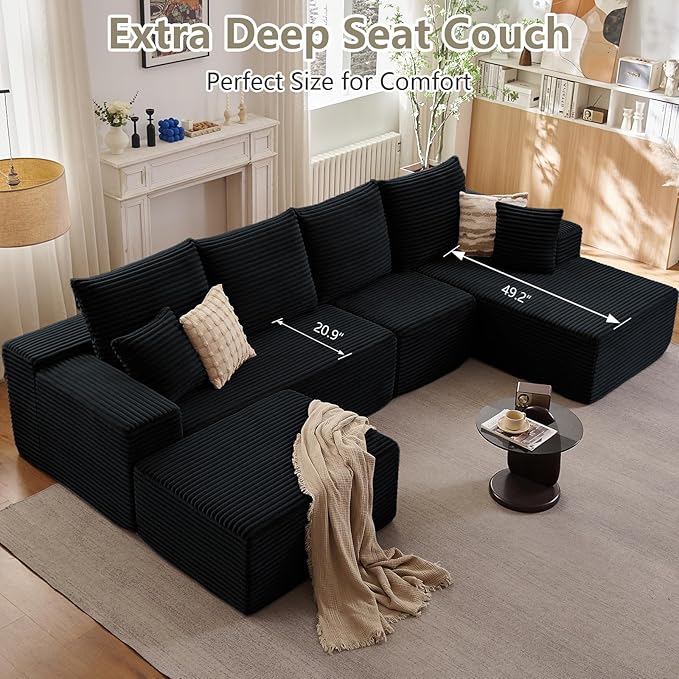 Lakifun 135" U-Shape Cloud Couch, Modern Modular Sectional Comfy L-Shape Sofa with Ottoman, Deep Seat, Upholstered Corduroy Sleeper Chaise Longue for Living Room Bedroom, No Assembly Required, Black
