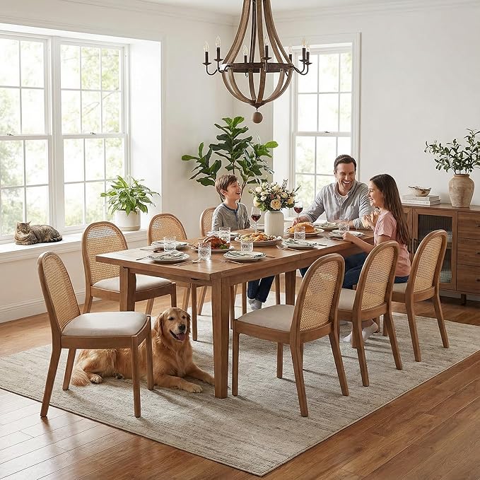 DUOMAY Mid-Century Modern Rattan Dining Chairs Set of 6, Wooden Dining Room Chair with Cane Backrest and Padded Seat, Linen Upholstered Dining Chair, Natural Finish, Beige