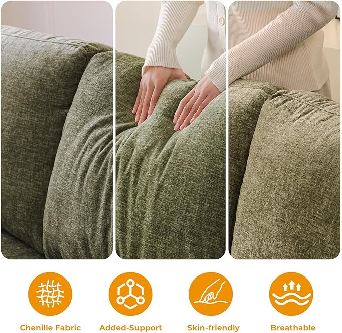 Rukefo 85" Sectional Sofa Couch with Storage Ottoman,L Shaped Couch with Armrest Organizer,3-Seater Sofa,Small Modular Couches for Living Room,Bedroom,Apartment,Chenille,Green