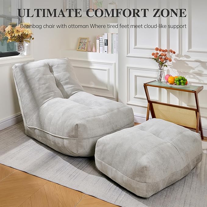 Cvortll Bean Bag Chair with Ottoman, Comfy Bean Bag Sofa with Memory Foam, Lazy BeanBag Sofa with Footstool, Fireside Bean Bag Couch for Living Room, Bedroom, Apartment (Gray)