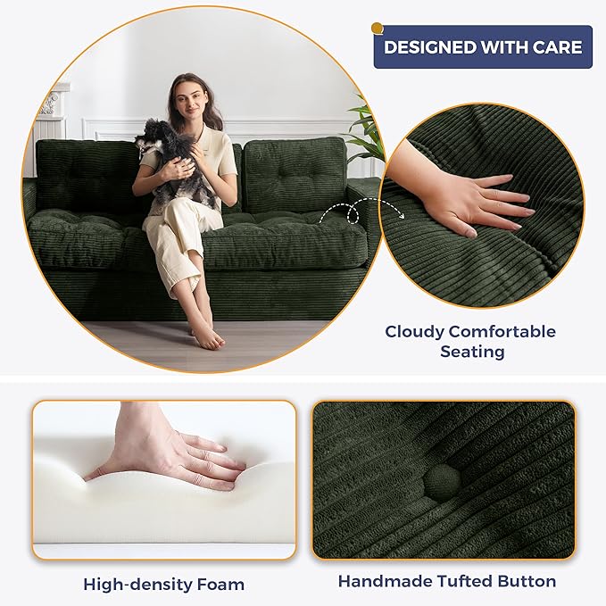 MAXYOYO 3-Seater Boneless Sofa Couch, Tufted Corded Sofa Lounge for Living Room, Comfy Bean Bag Chair High-Density Foam Couch with Pillows, No Assembly Required