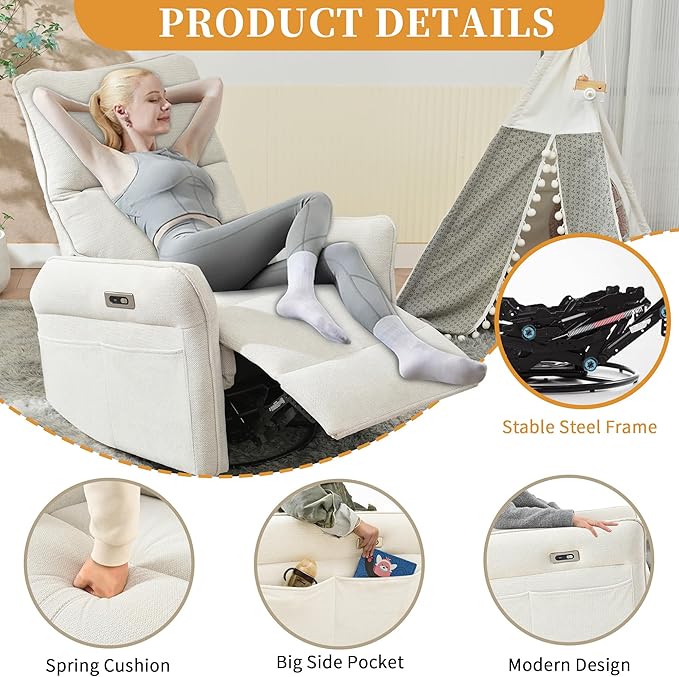 QKFF Power Swivel Rocker Recliner Chair for Nursery, Upholstered Snowflake Velvet 270°Swivel Glider Rocker Chair with USB Ports, Small Power Recliners for Small Spaces Living Room