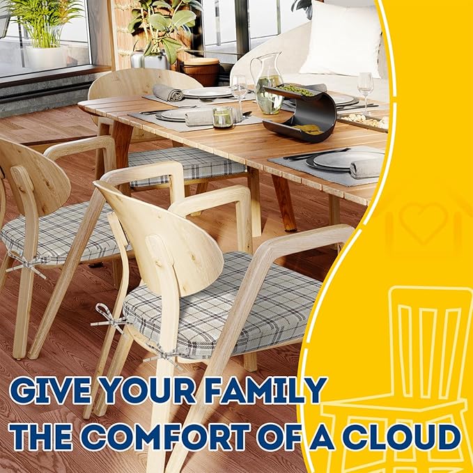 AAAAAcessories D-Shaped Chair Cushions, 2" Thick Dining Chair Pads with Ties and Removable, Machine-Washable Cover, 17" x 16", Set of 2, Yellow Checkered