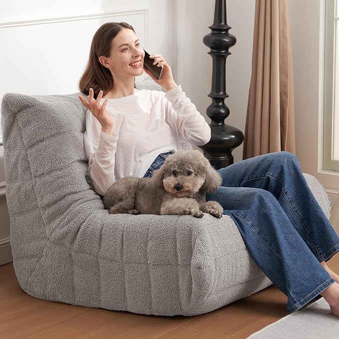 Bean Bag Chair Big Sofa Beanbag Chair for Adults Fireside Chair Bean Bag Lounger with Memory Foam Filled for Home,Apartment or Gaming Venue(Lightgrey Teddy)