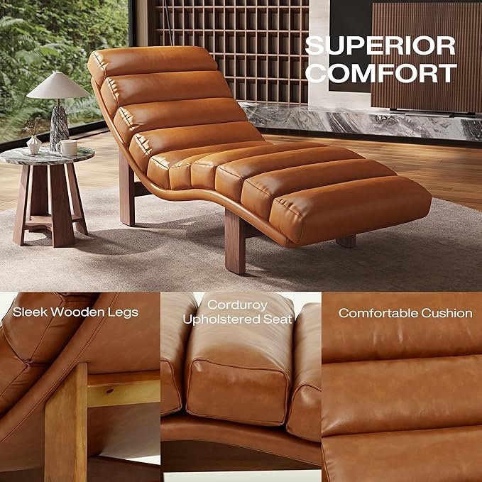 Modern Chaise Lounge Chair with Wooden Legs, Armless, Comfortable Upholstered Seat – Perfect for Living Room, Bedroom, or Office