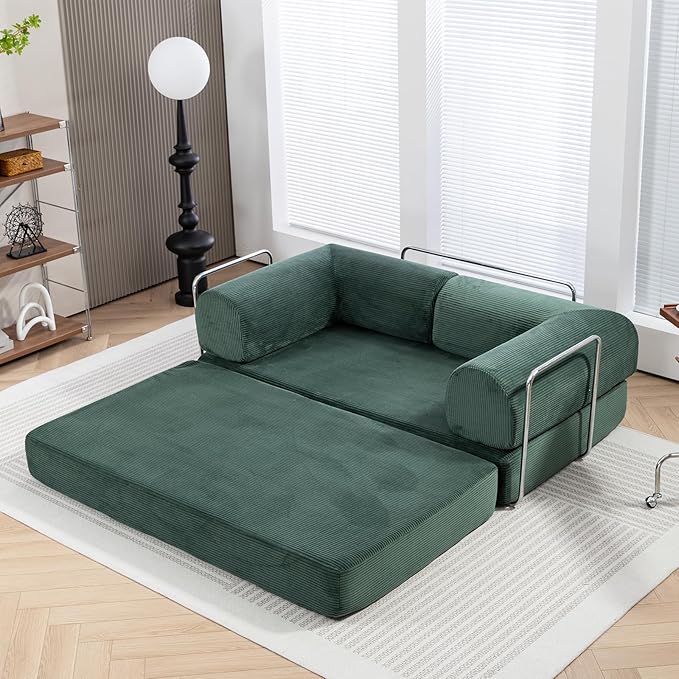 Folding Sofa Bed,63''Cozy Floor Sofa Lounge Couch, 4-in-1 Convertible Sleeper with Memory Foam, Space-Saving Floor Couch for Living Room, Bedroom, Apartment (Green)