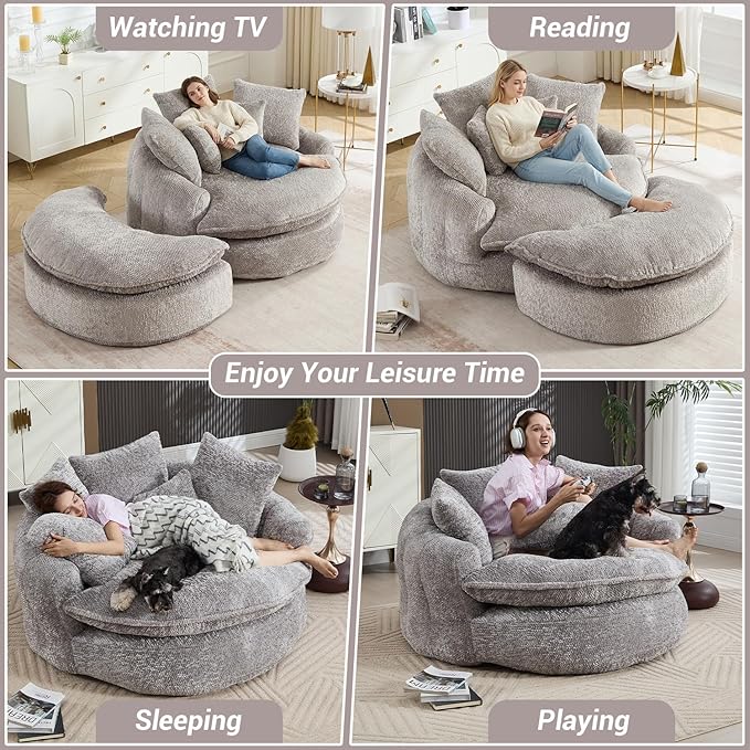 54" Oversized Round Chaise Lounge Indoor Boneless Bean Bag Chair with Movable Ottoman Fluffy Comfy Reading Chair Large Circle Cloud Couch Sleeper Sofa Bed for Living Room, Bedroom, Light Gray