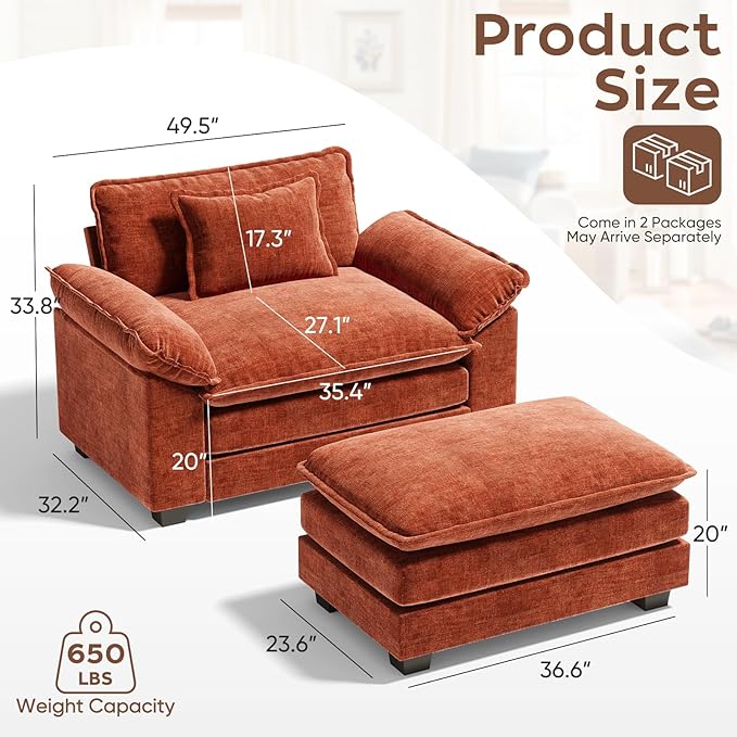 CDCASA 50'' Oversized Chair with Ottoman, Chenille Comfy Cloud Sofa Accent Chair w/Large Seat and Armrest, Modern Extra Wide Armchair Reading Chairs for Bedroom, Living Room, Terracotta Orange