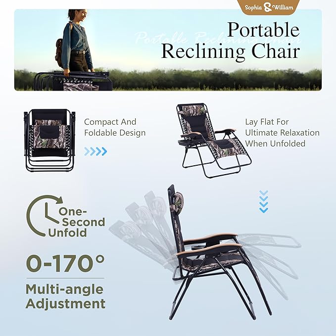 Sophia & William Oversize Zero Gravity Chair, Padded Recliner with Free Cup Holder, Supports 400 LBS (Camouflage)