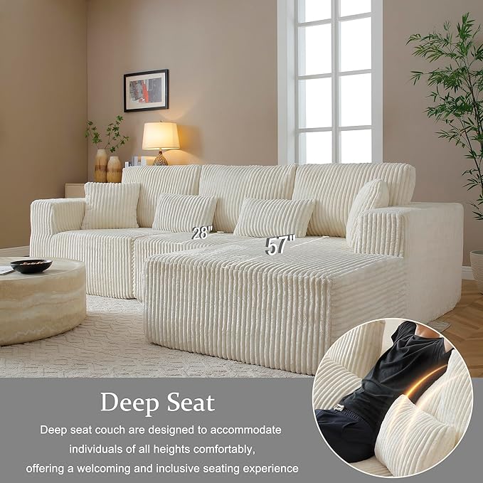 HYJT-H&K Modular Sectional Sofa Cloud Sectional Couch, 107" Comfy Fluffy L Shaped White Couches for Living Room, Deep Seat Memory Foam Plush Corduroy Boneless Couch Sectionals Right Facing Chaise Sofa