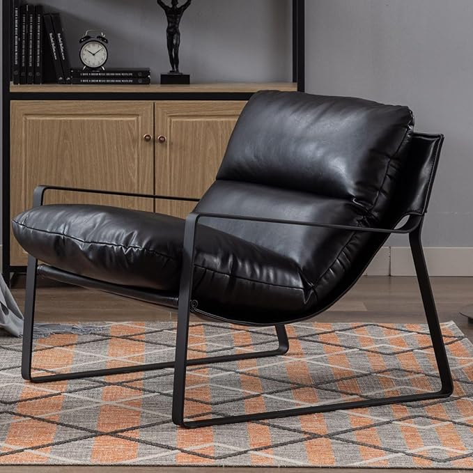 LukeAlon Modern PU Leather Accent Armchairs Set of 2, Upholstered Living Room Chairs with Metal Base Removable Thickened Cushion Sofa Chairs Comfy Lounge Chair for Bedroom Living Room Office, Black