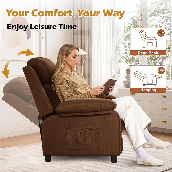 Recliner Chair, Living Room Chairs for Adults, Padded Deep Seat Reading Chair with Side Pockets, Small Recliners for Small Spaces, Lounge Chair for Living Room, Bedroom, and RV (Linen)