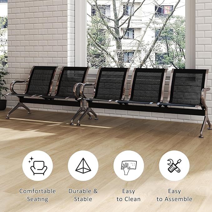Kinfant Waiting Room Chairs Set - 5-Seat Office Guest Reception Seat Waiting Room Bench with Armrest for Airport, Hospital, Bank, Salon, Barbershop, Hall(Black Mesh)
