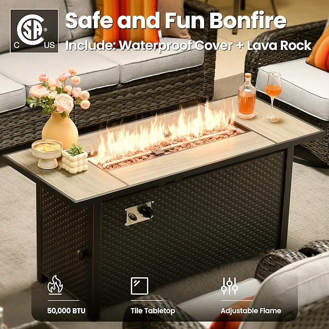 ovios 10 Pieces Patio Furniture Set, Outdoor Wicker Sofa Couch with Rocking Swivel Chairs Solar Light Table Fire Pit, Modern Deep Seat Rattan Conversation Sets, Grey