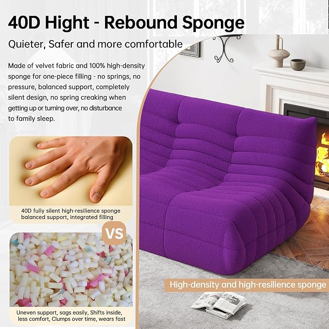 Bean Bag Chairs for Adults, Memory Foam Couch Loveseat Sofa Chair, Soft Teddy Material Cozy Comfy Reading Nook Chairs, Floor Chair for Living Room Bedroom Office(Purple)