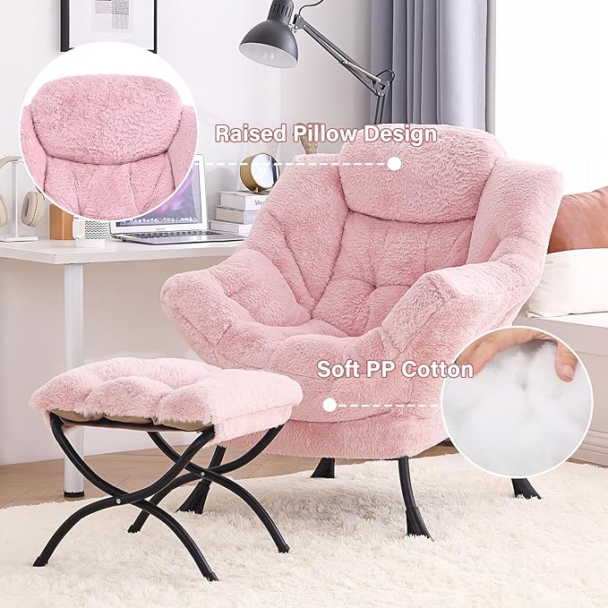 Tiita Lazy Chair with Ottoman, Pink Chair Modern Large Accent Lounge Armchair, Comfy Leisure Sofa Reading Chair with Footrest for Bedroom, Living Room, Dorm Rooms, Garden and Courtyard, Plush Pink