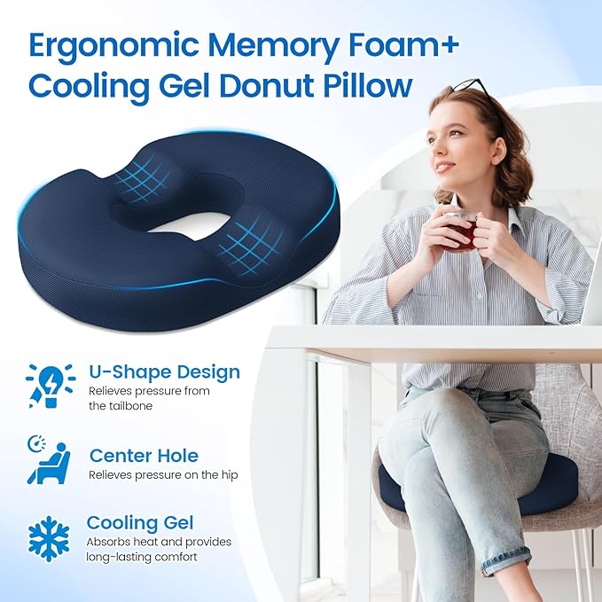 Donut Pillow Seat Cushion - Cooling Gel Floor Pillow, Memory Foam Floor Cushion for Office & Home, Car Seat, Hemorrhoids Pillow, Sciatica & Tailbone Pain Relief Chair Cushion, Blue-XXL